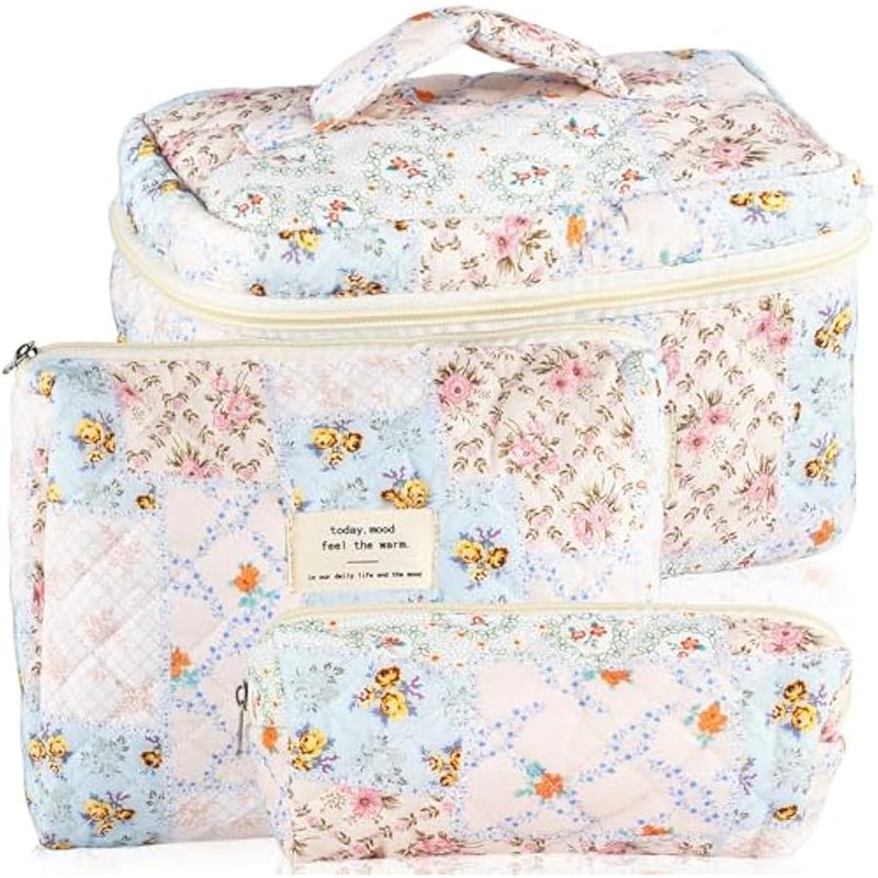 URSKYTOUS 3Pcs Cotton Quilted Makeup Bag for Women Girls Large Small Travel Floral Cosmetic Bags Set Cute Coquette Makeup Pouch for Purse Aesthetic Cloth Bee&Flower Storage Toiletry Bag Organizer - Image 1